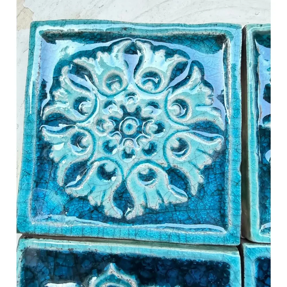 Vintage Handmade Turquoise Raku Tiles 4x4 - Set of 4 Relief Molded Crackle Glaze